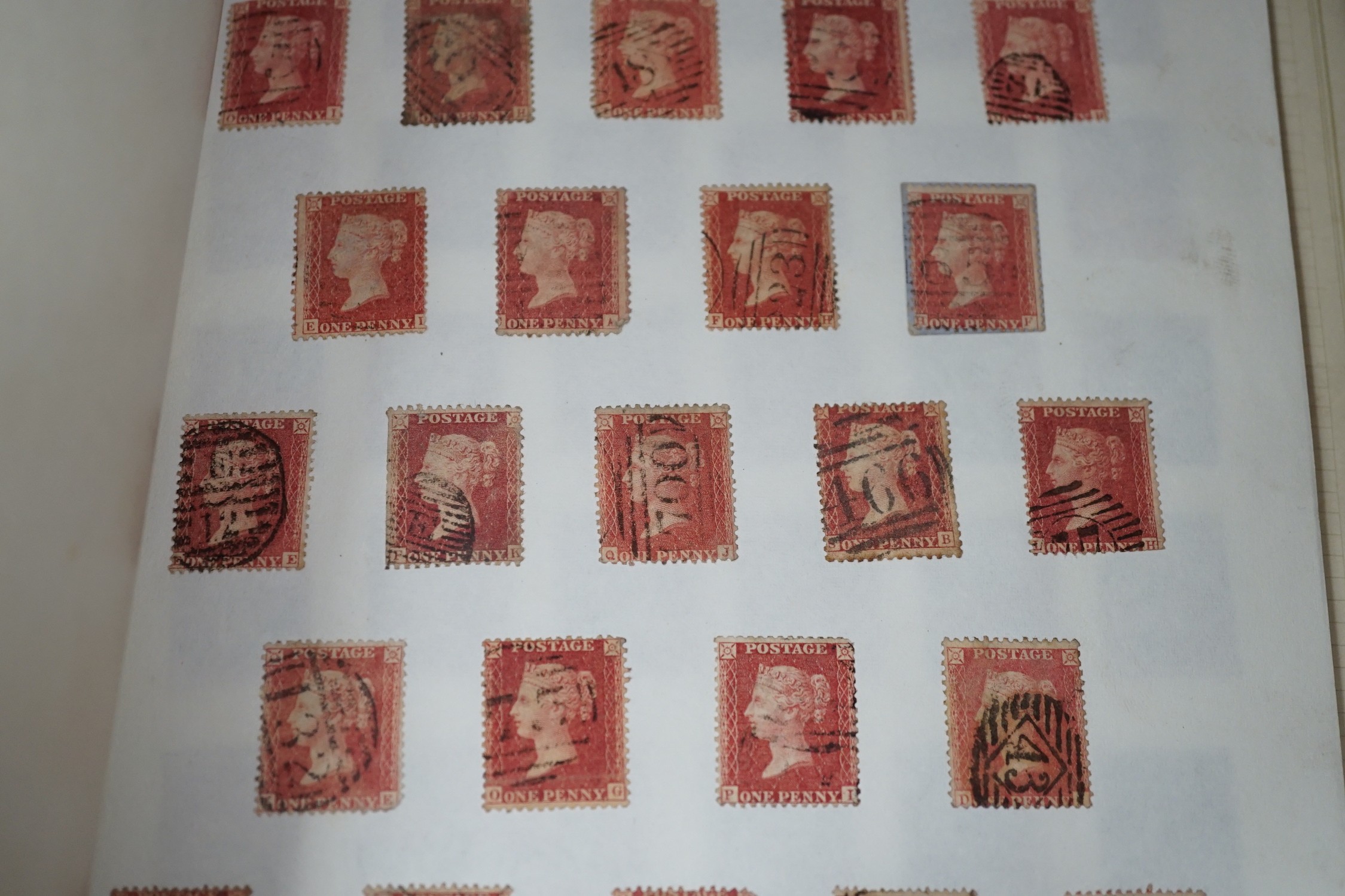 2 albums of world stamps with Great Britain ID black used (2 margins) and used on cover (fold through stamp) ID reds and cover